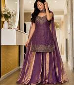 Purple silk blend embroidered palazzo set