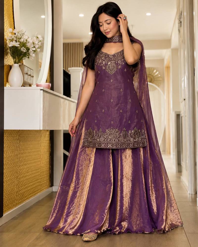 Purple silk blend embroidered palazzo set