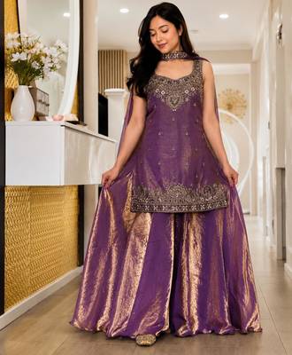 Purple silk blend embroidered palazzo set 2