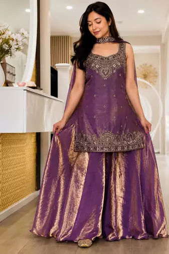 Purple silk blend embroidered palazzo set