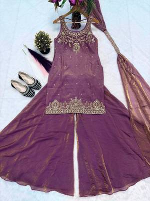 Purple silk blend embroidered palazzo set 3