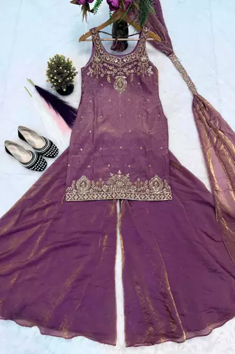 Purple silk blend embroidered palazzo set