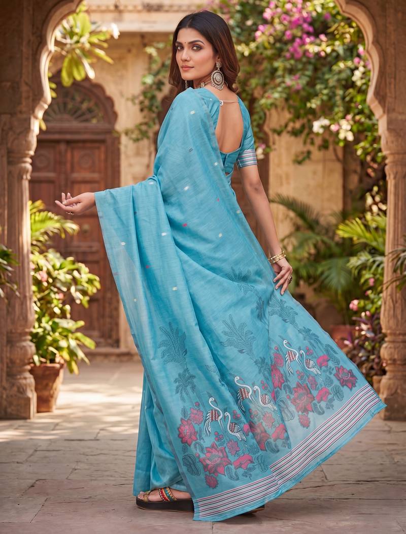 RAMA LINEN JACUARD WORK SAREE WITH UNSTITCHED BLOUSE PIECE