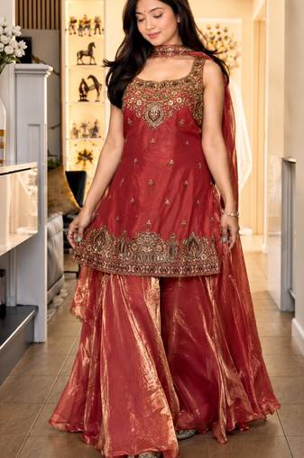 Red silk blend embroidered palazzo set