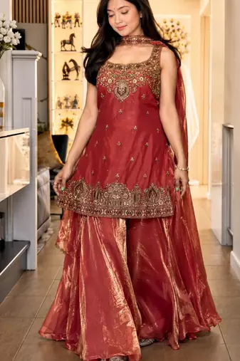 Red silk blend embroidered palazzo set