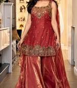 Red silk blend embroidered palazzo set