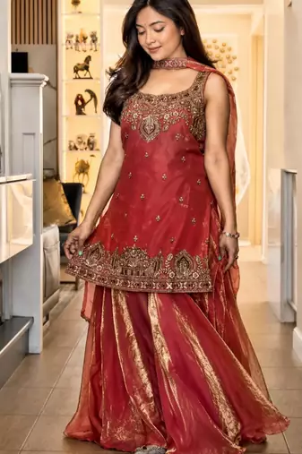 Red silk blend embroidered palazzo set