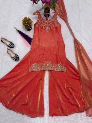 Red silk blend embroidered palazzo set 3