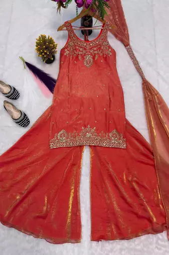Red silk blend embroidered palazzo set