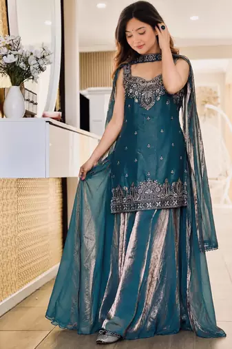 Teal silk blend embroidered palazzo set