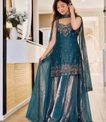 Teal silk blend embroidered palazzo set