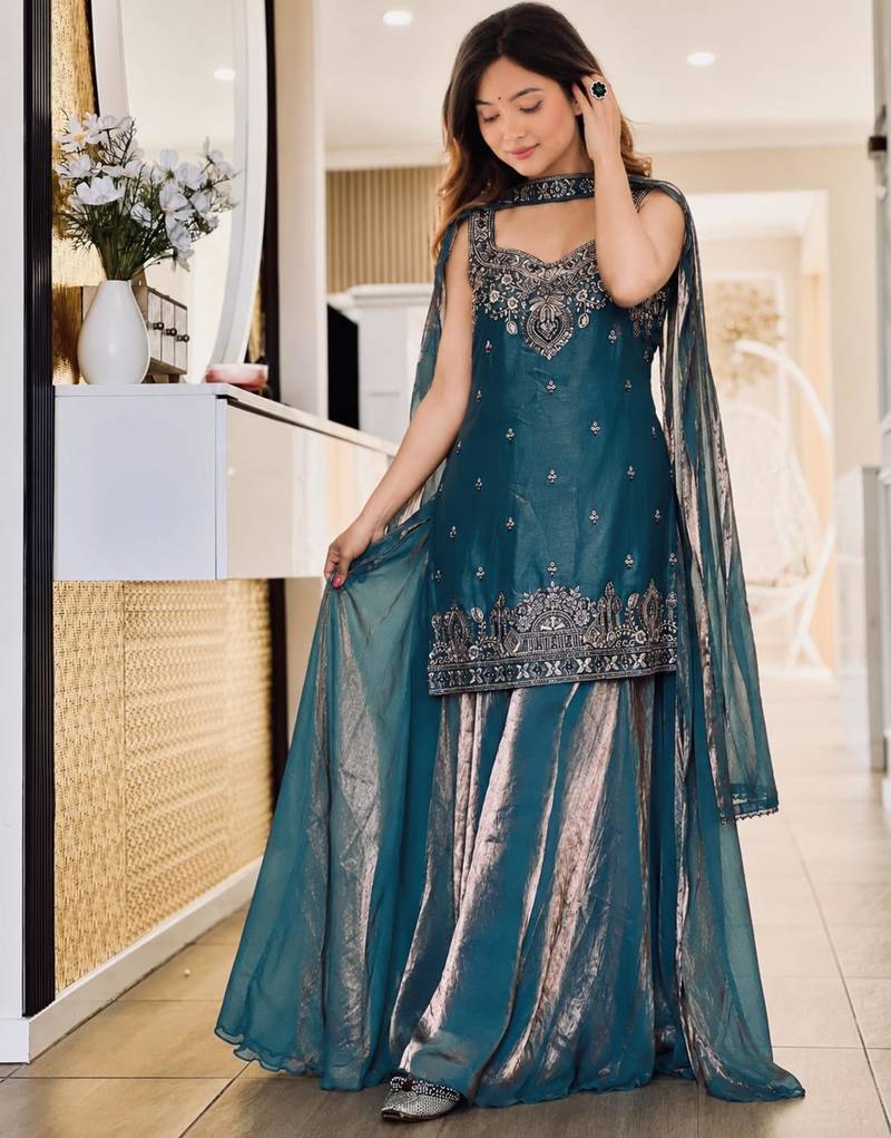 Teal silk blend embroidered palazzo set