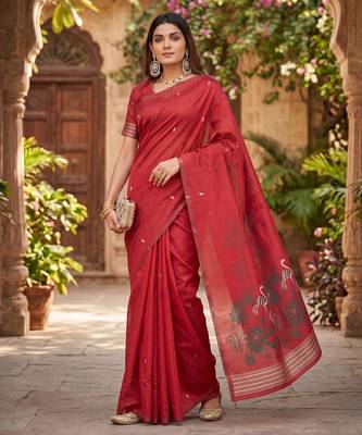 RED LINEN JACUARD WORK SAREE WITH UNSTITCHED BLOUSE PIECE 1