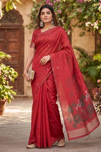 RED LINEN JACUARD WORK SAREE WITH UNSTITCHED BLOUSE PIECE