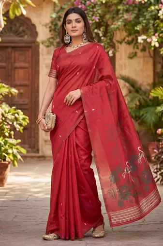 RED LINEN JACUARD WORK SAREE WITH UNSTITCHED BLOUSE PIECE