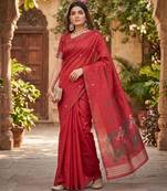 RED LINEN JACUARD WORK SAREE WITH UNSTITCHED BLOUSE PIECE