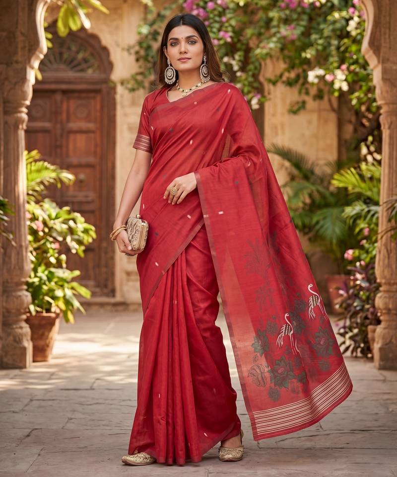 RED LINEN JACUARD WORK SAREE WITH UNSTITCHED BLOUSE PIECE