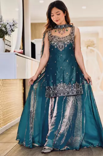 Teal silk blend embroidered palazzo set