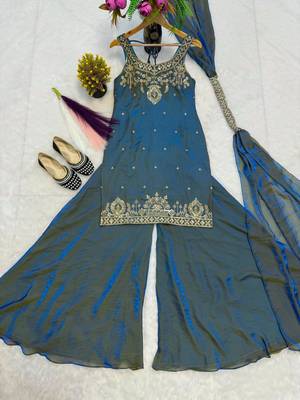 Teal silk blend embroidered palazzo set 3