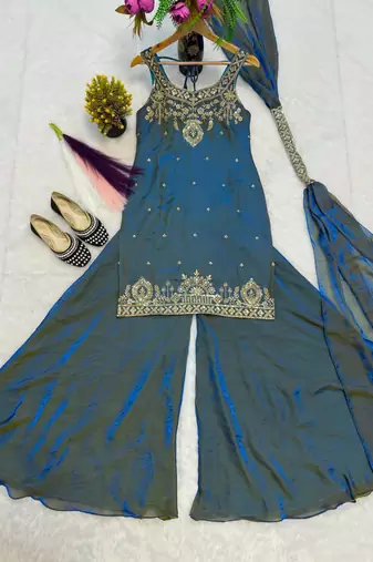 Teal silk blend embroidered palazzo set