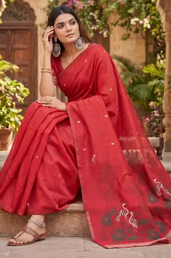 RED LINEN JACUARD WORK SAREE WITH UNSTITCHED BLOUSE PIECE