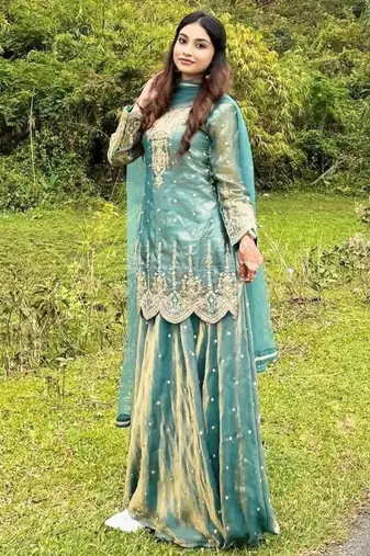 Green silk blend embroidered palazzo set