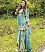 Green silk blend embroidered palazzo set