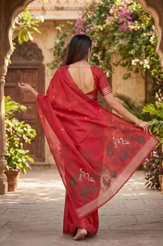RED LINEN JACUARD WORK SAREE WITH UNSTITCHED BLOUSE PIECE