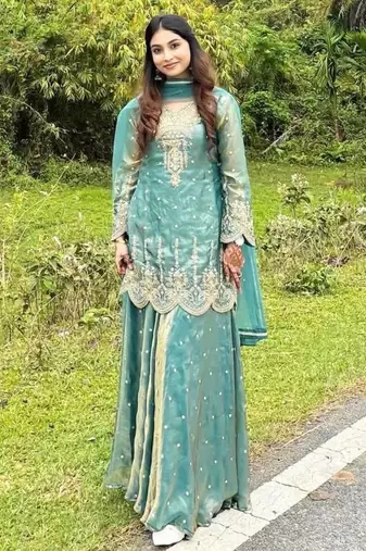 Green silk blend embroidered palazzo set