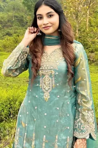 Green silk blend embroidered palazzo set
