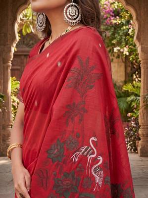 RED LINEN JACUARD WORK SAREE WITH UNSTITCHED BLOUSE PIECE 4
