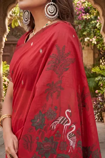 RED LINEN JACUARD WORK SAREE WITH UNSTITCHED BLOUSE PIECE