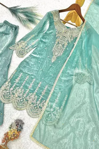 Green silk blend embroidered palazzo set