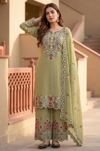 Green silk blend embroidered palazzo set