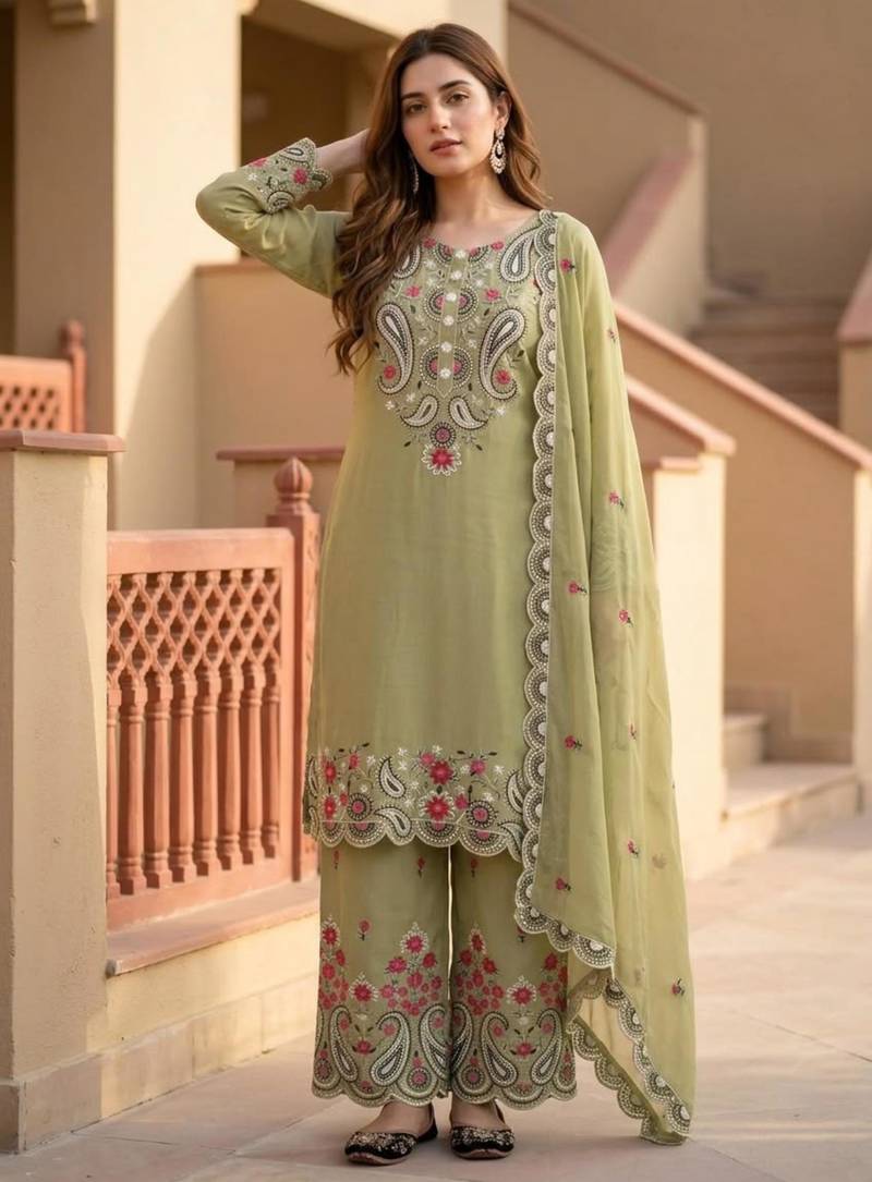Green silk blend embroidered palazzo set
