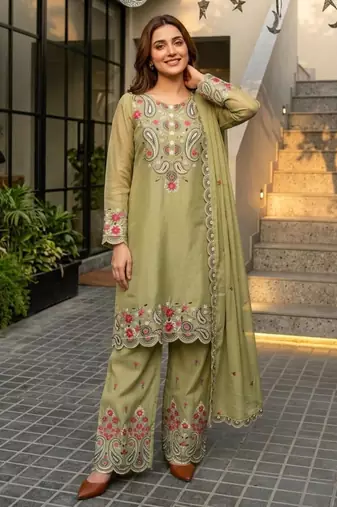 Green silk blend embroidered palazzo set