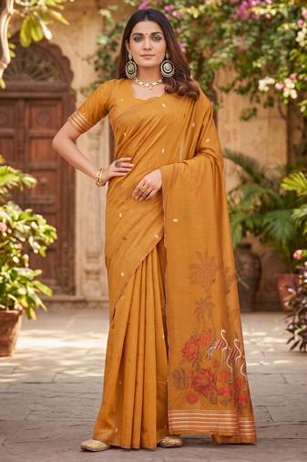 RUST LINEN JACUARD WORK SAREE WITH UNSTITCHED BLOUSE PIECE