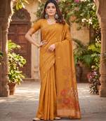RUST LINEN JACUARD WORK SAREE WITH UNSTITCHED BLOUSE PIECE