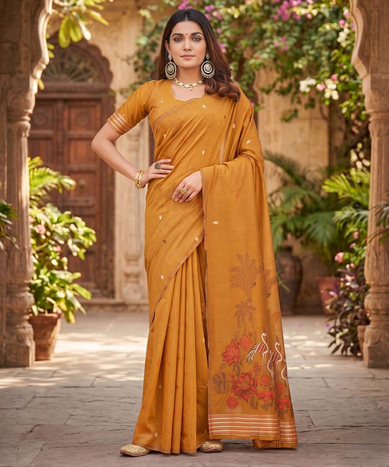RUST LINEN JACUARD WORK SAREE WITH UNSTITCHED BLOUSE PIECE