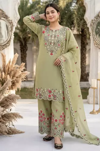 Green silk blend embroidered palazzo set