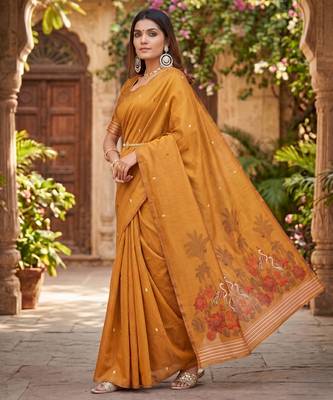 RUST LINEN JACUARD WORK SAREE WITH UNSTITCHED BLOUSE PIECE 2