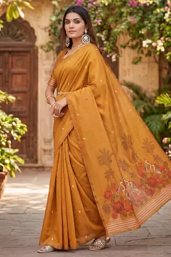 RUST LINEN JACUARD WORK SAREE WITH UNSTITCHED BLOUSE PIECE