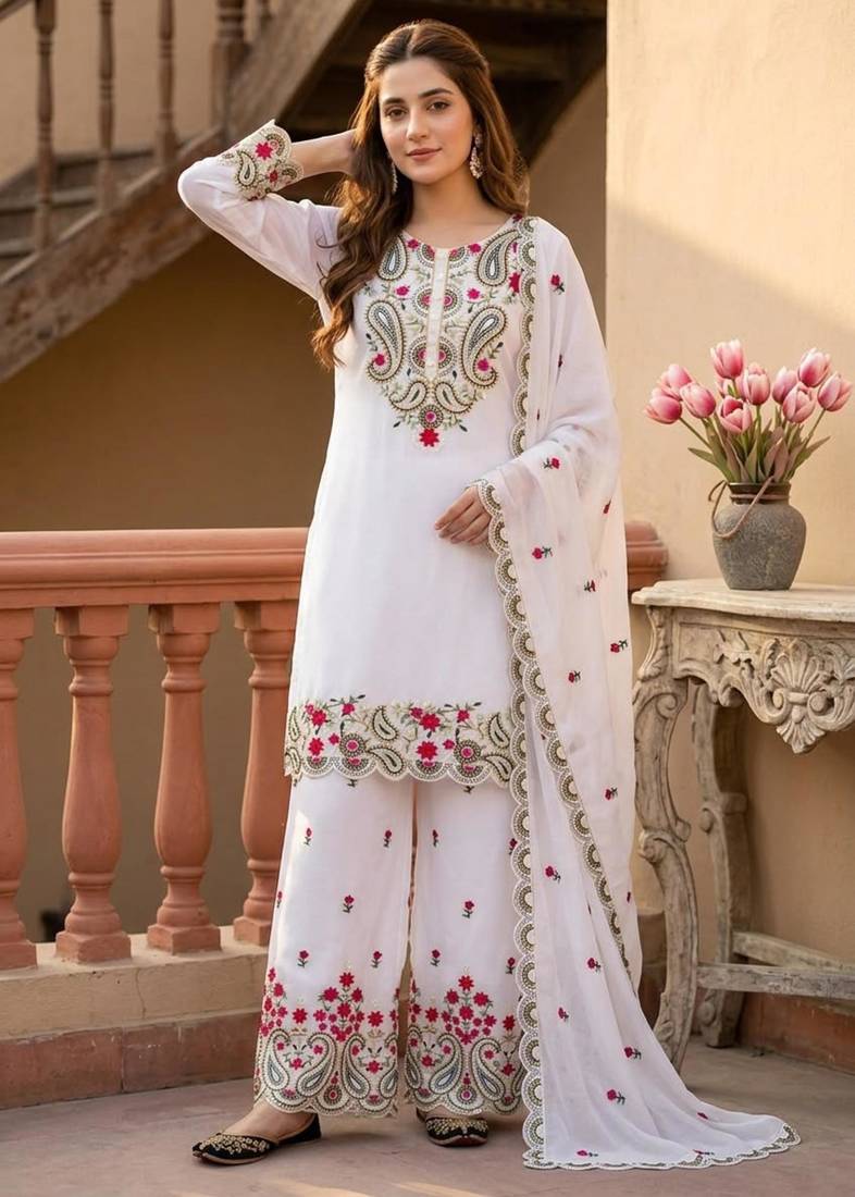 White silk blend embroidered palazzo set
