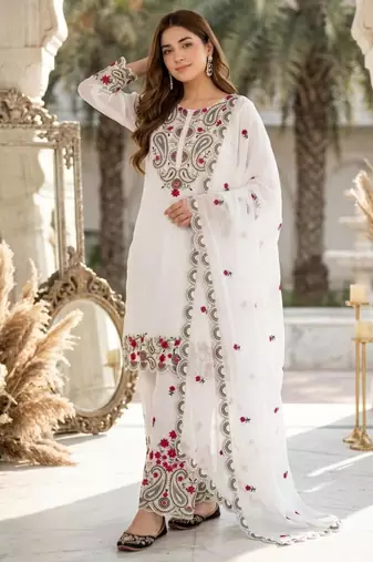 White silk blend embroidered palazzo set