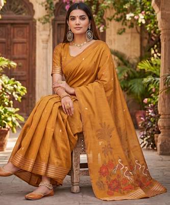 RUST LINEN JACUARD WORK SAREE WITH UNSTITCHED BLOUSE PIECE 4
