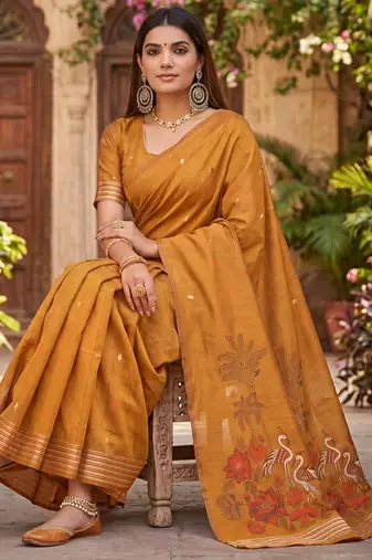 RUST LINEN JACUARD WORK SAREE WITH UNSTITCHED BLOUSE PIECE
