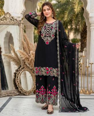 Black silk blend embroidered palazzo set 1