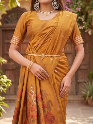 RUST LINEN JACUARD WORK SAREE WITH UNSTITCHED BLOUSE PIECE 5