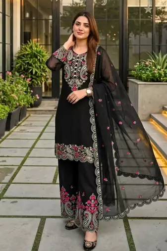 Black silk blend embroidered palazzo set