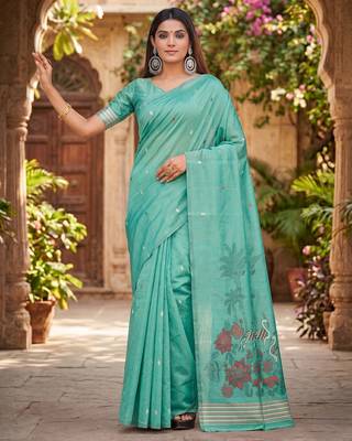 SEA GREEN LINEN JACUARD WORK SAREE WITH UNSTITCHED BLOUSE PIECE 1